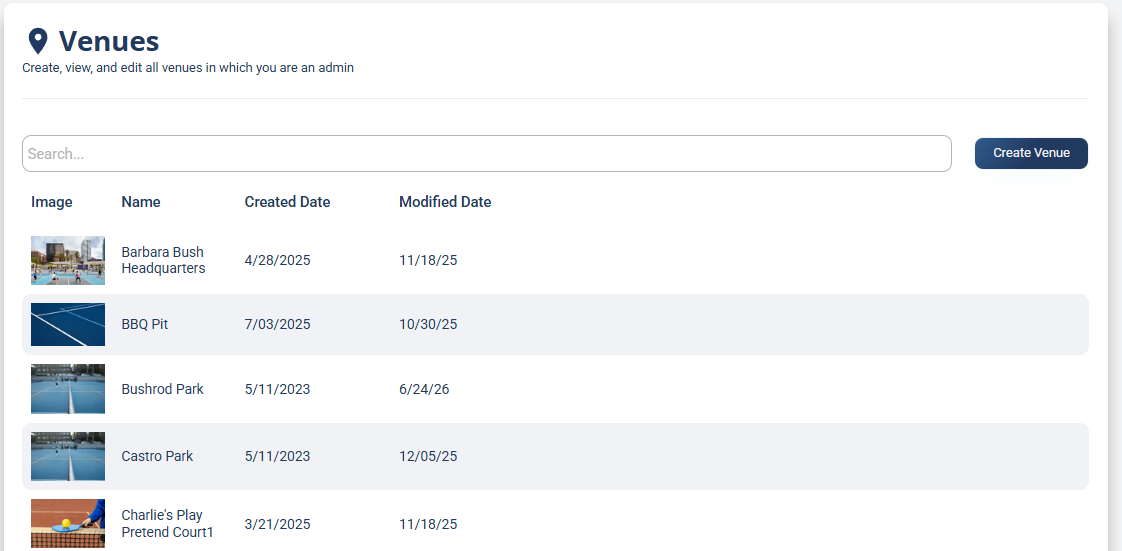 The Venues page in the host menu listing every venue you administer, with a search box and a Create Venue button