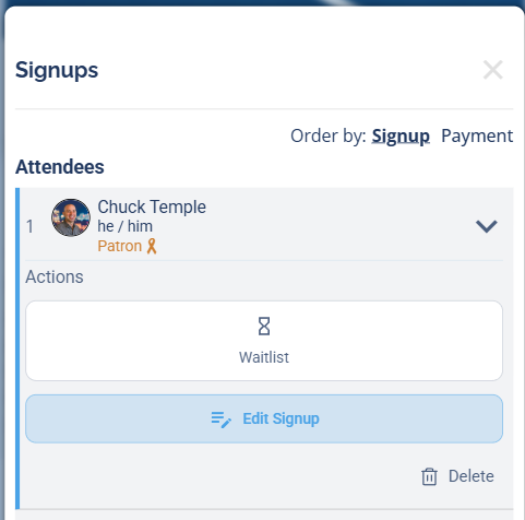 The Signups window with an attendee's Actions expanded showing the Delete option