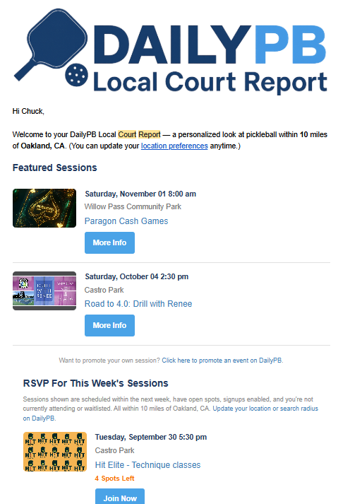 A sample Weekly Court Report email.