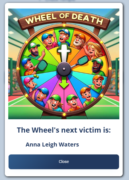 The Wheel of Death result modal naming the selected player as the next "victim"