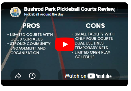 An embedded YouTube video about the venue's pickleball courts, playable on the page